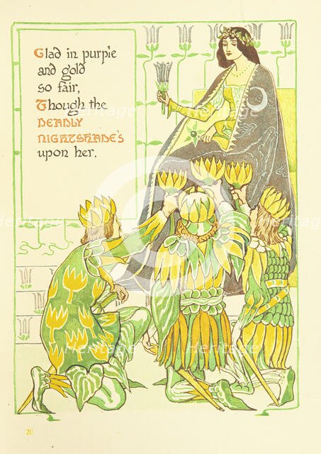 Clad in purple and gold so fair, Though the Deadly Nightshade's upon her, 1899.  Creator: Walter Crane.