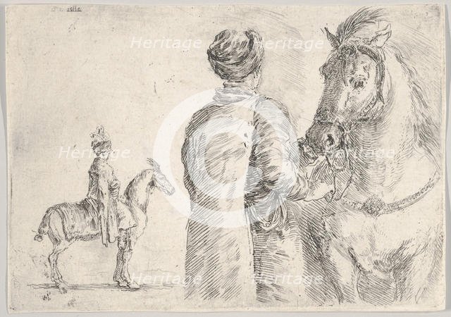 A Polish valet, seen from behind, holding the bridle of a horse to right, a Polish hor..., ca. 1662. Creator: Stefano della Bella.