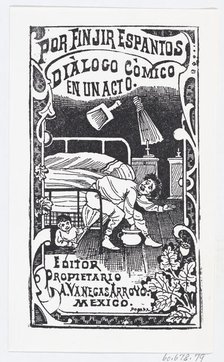 A man sitting on a bed being poked with a broom by someone under the bed, illustr..., ca. 1880-1910. Creator: José Guadalupe Posada.