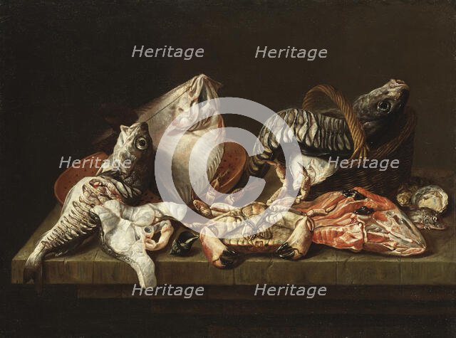 Still Life with Fishes, a Crab and Oysters. Creator: Isaac van Duynen.