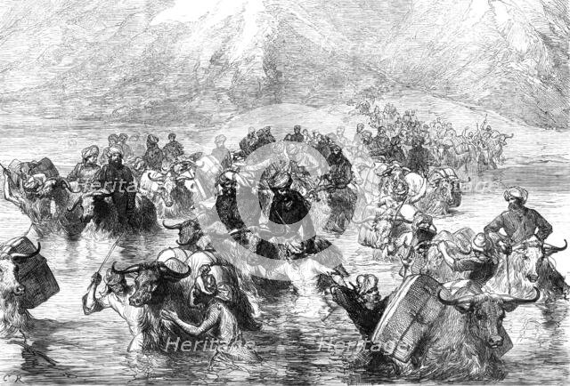 The Mission to Yarkund: crossing the Shayok below the Khardung Pass, 1874. Creator: Unknown.