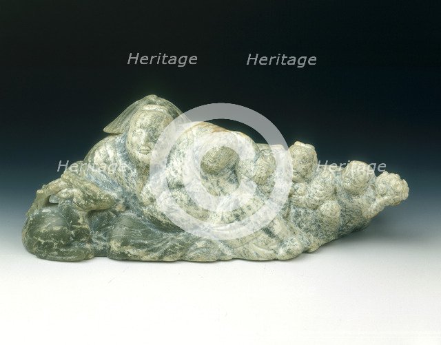 Jade group of sage, wine pot, deer and children, Yuan-early Ming dynasty, 13th-15th century. Artist: Unknown