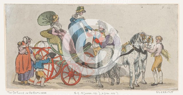Ladies Getting Out of a Carriage (from Plate 16, Outlines of Figures, Landscapes a..., June 1, 1790. Creator: Thomas Rowlandson.