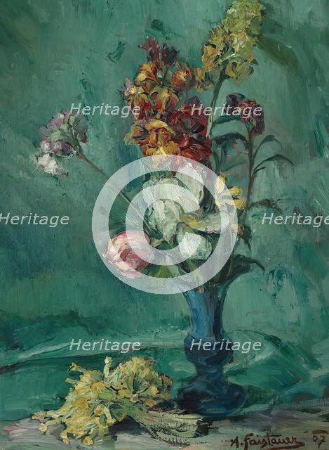 Flowers in blue vase and primrose bouquet, 1907. Creator: Anton Faistauer.