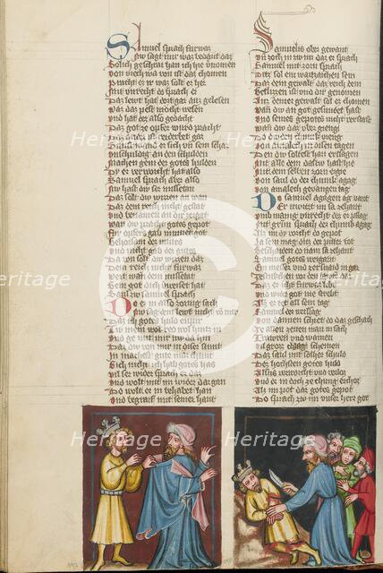 Saul Tearing Samuel's Cloak: Samuel Killing Agag; Weltchronik, about 1400-1410. Creator: Unknown.