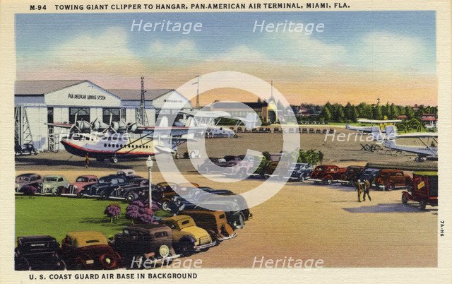 Towing a flying boat to a hangar, Pan-American terminal, Miami, Florida, USA, 1937. Artist: Unknown