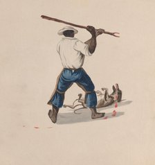 A man viewed from behind beating a dog with a stick, from a group of drawings depicting..., ca. 1848 Creator: Attributed to Francisco (Pancho) Fierro.
