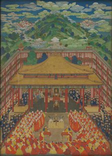 Emperor Qianlong receives Ubashi Khan, the Torghut ruler of the Kalmyk Khanate, at the Putuo... Creator: Anonymous.