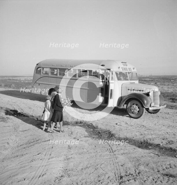 Children get into school bus on a fall morning, Dead Ox Flat, Malheur County, Oregon, 1939 Creator: Dorothea Lange.