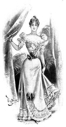 Ladies' Page: a white satin evening gown, 1898. Creator: Picador.