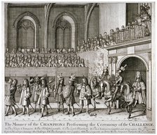 The Champions performing the ceremony of the Challenge, Westminster Hall, London, 1821.              Artist: Anon