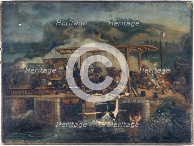 Carriage accident on a bridge around 1835, between 1830 and 1840. Creator: Unknown.
