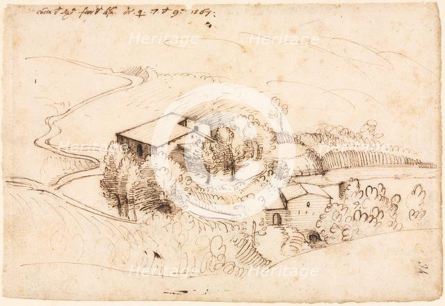 Farm with Trees in a Hilly Landscape, 1567. Creator: Gherardo Cibo (Italian, 1512-1600).