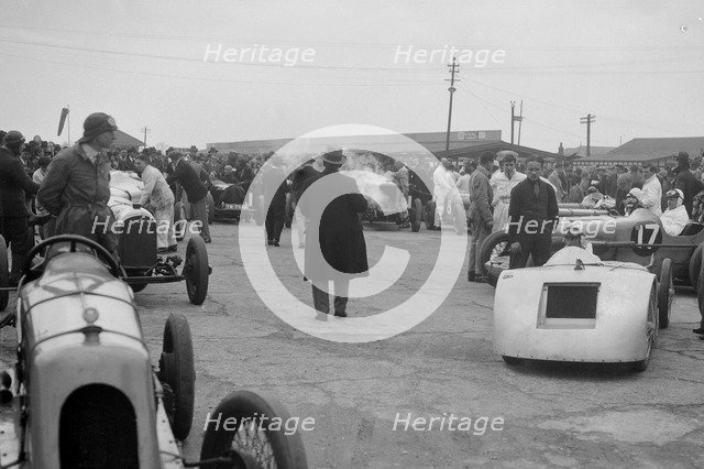 Marendaz Special of AC Hess and Bugatti Type 35 of O Bertram at a BARC meeting, Brooklands, 1930. Artist: Bill Brunell.
