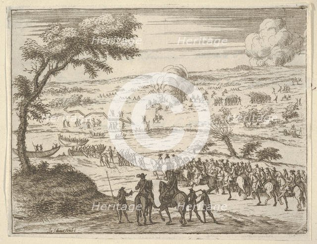 Francesco I d'Este Freely Crosses the Po and Takes Up his Sword Against Troops in the Viny..., 1659. Creators: Bartolomeo Fenice, Jean Sauve.