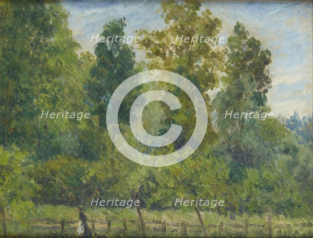 Wooded landscape: a Woman walking with a Dog, c. 1889 - 1897. Creator: Camille Pissarro.