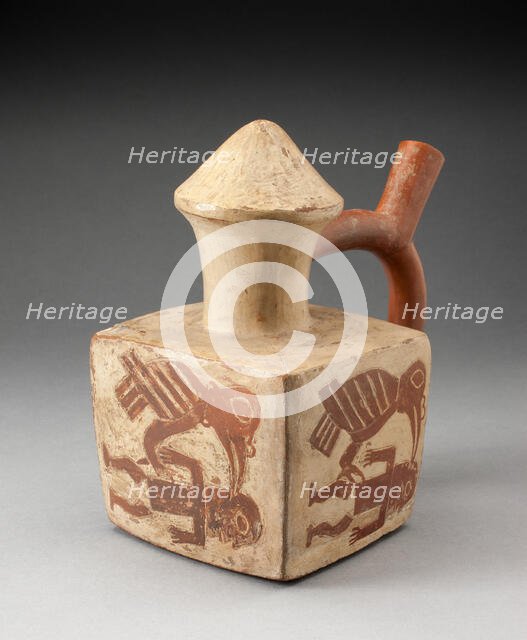 Square Handle Spout Vessel with Image of a Man Attacked by a Bird, 100 B.C./A.D. 500. Creator: Unknown.