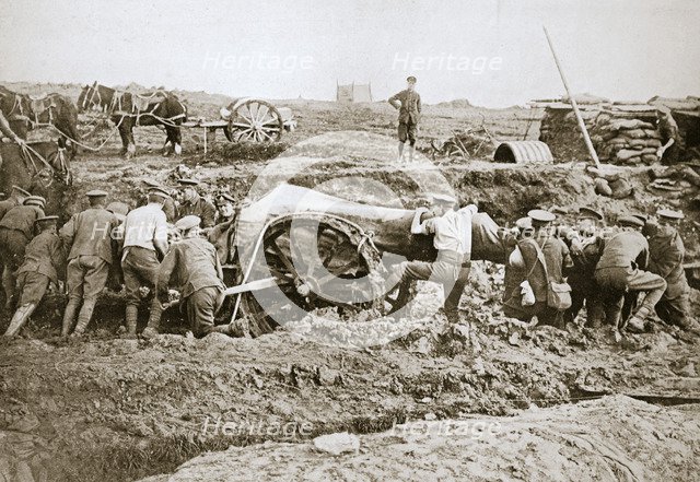 Manoeuvring a big gun in the mud, Somme campaign, France, World War I, 1916. Artist: Unknown