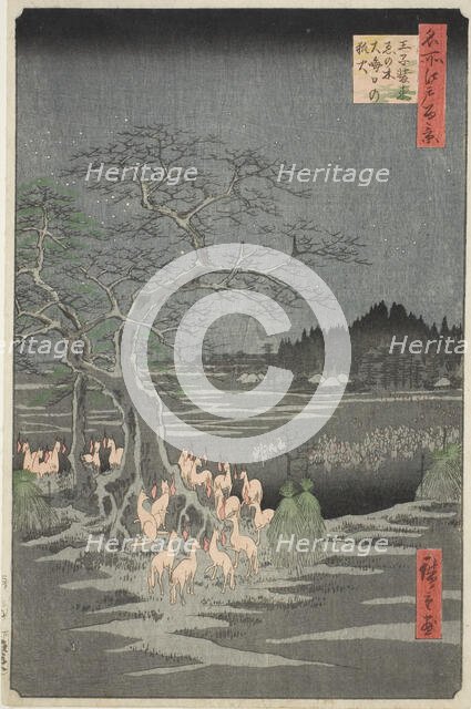 Fox Fires on New Year's Eve at the Changing Tree in Oji (Oji shozoku enoki omisoka no kits..., 1857. Creator: Ando Hiroshige.
