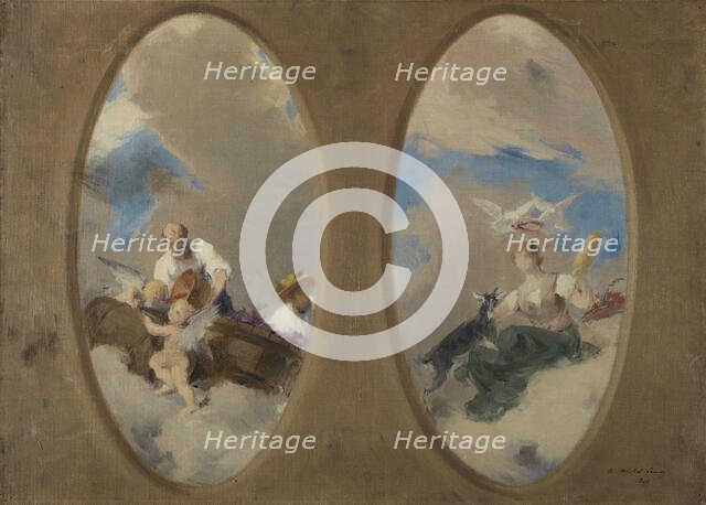 Esquisse pour la mairie de Suresnes : Allégorie du vin - Chevrière aux colombes (plafonds), 1897. Creator: Edouard Michel Lancon.