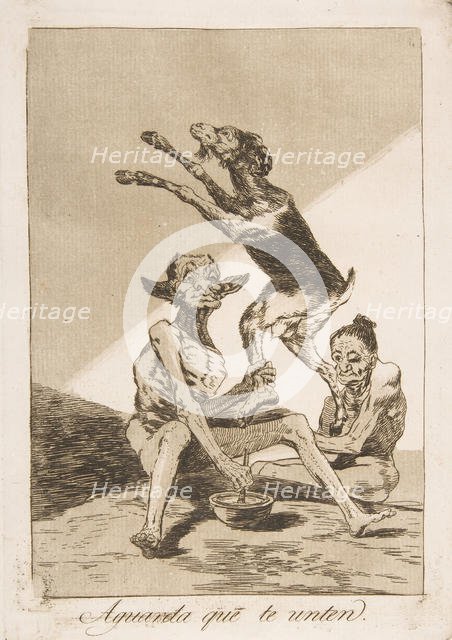 Plate 67 from 'Los Caprichos': Wait till you've been anointed (Aguarda que te unten.), 1799. Creator: Francisco Goya.