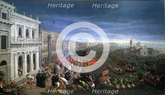 The Riva degli Schiavoni in Venetia, view of Venice, at left the Palace of the Duce and the Zecca…