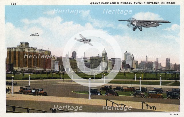 Grant Park and Michigan Avenue skyline, Chicago, Illinois, USA, 1928. Artist: Unknown