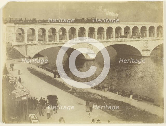 Untitled, 1870/79. [Steam locomotive on the upper level of a bridge...]. Creator: Unknown.