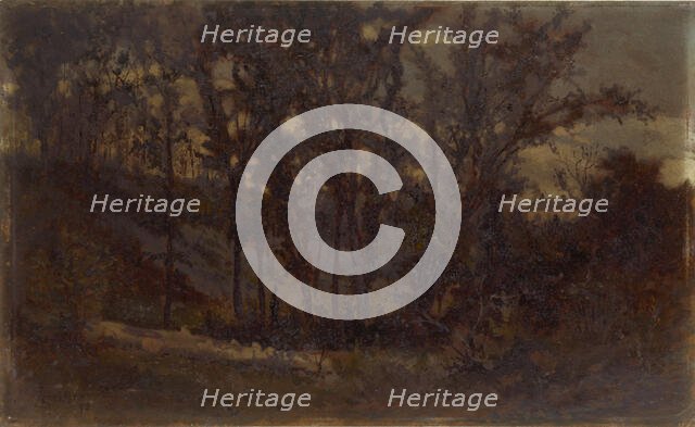 Untitled (forest scene, fallen tree in foreground and house in background), 1873. Creator: Edward Mitchell Bannister.