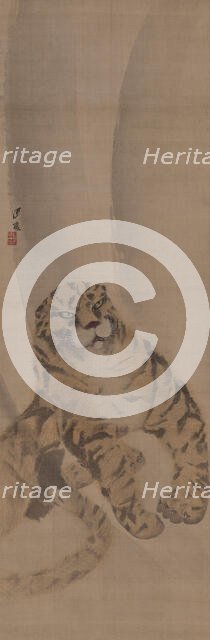 Part of a diptych depicting a quietly crouched tiger, 1820. Creator: Gessho; Cho (1772-1832).