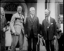 Franklin D. Roosevelt Stands on Crutches Besides Democrat Al Smith and Another Man, 1924. Creator: British Pathe Ltd.