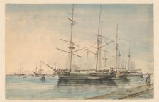 Sailing ships in a harbour, 1829-1879. Creator: Ary Pleijsier.
