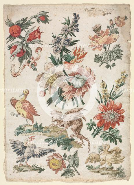 Floral Designs with Birds and Griffon, 1784. Creator: Giacomo Cavenezia (Italian).