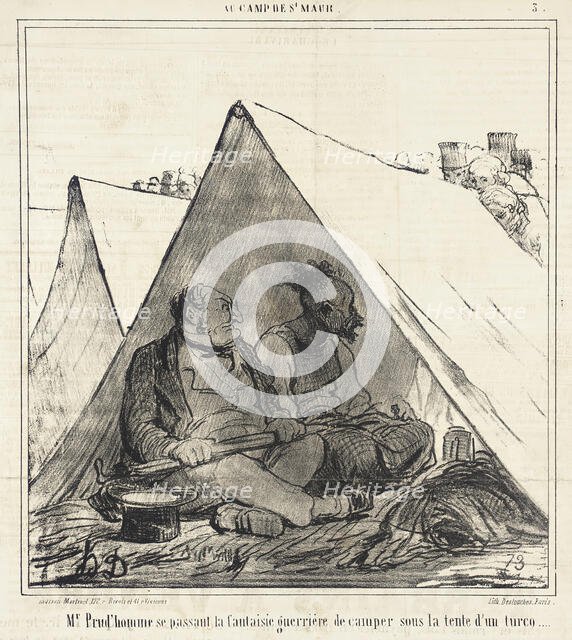 M. Prud'homme se passant la fantaisie guerrière de camper sous la tente d'un turco..., 1859.  Creator: Honore Daumier.