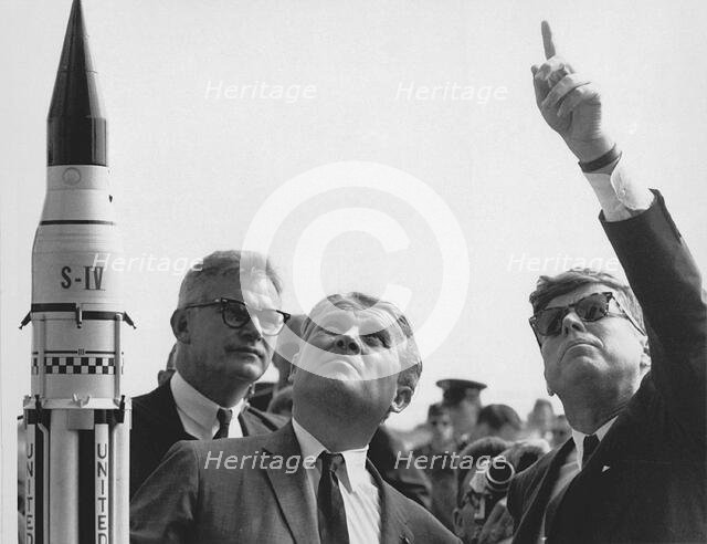 Seamans, von Braun and President Kennedy at Cape Canaveral, Florida, USA, 1963.  Creators: NASA, Wernher von Braun.