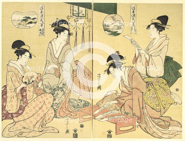 Spirit Summoner; Wild Geese Returning Home (Maboroshi; Rakugan) (right) and A Thin Veil..., 1797-99. Creator: Hosoda Eishi.