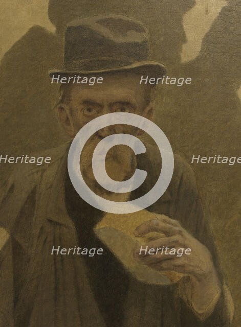 La Bouchée de pain : vieil homme en haillons, de face, tenant un morceau de pain, c.1904. Creator: Fernand Pelez.