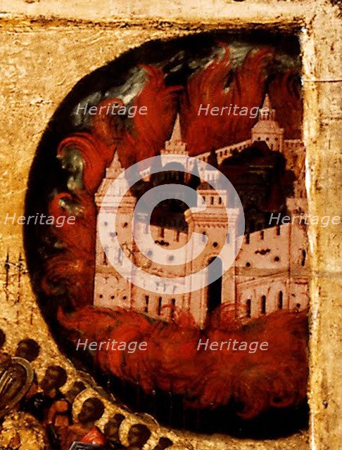 Blessed Be the Host of the King of Heaven  (Detail: Fire in Kazan), 1550s. Artist: Athanasius, Metropolitan of Moscow (active Mid of 16th cen.)