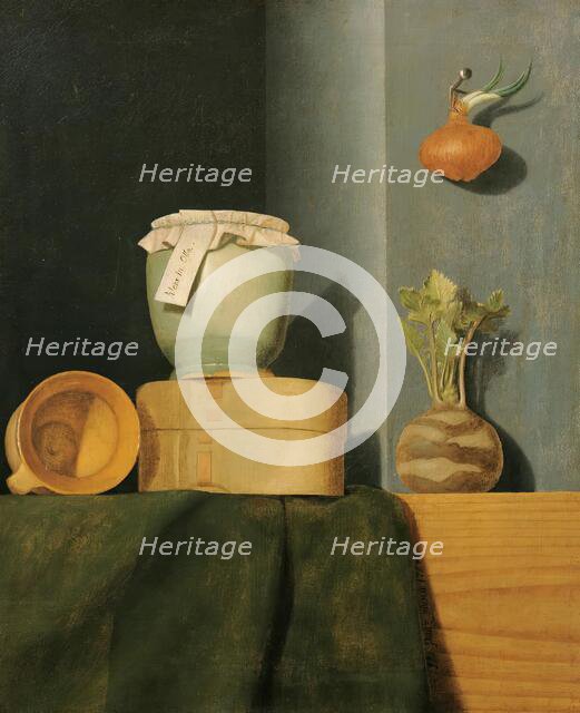 Still life with kitchenware, onions and kohlrabi, 1754. Creator: Anna Maria Punz.