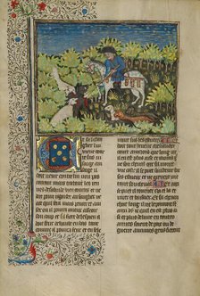 A Hunter and Dogs Killing a Wild Boar; Livre de la Chasse, about 1430-1440. Creator: Unknown.