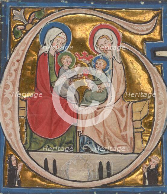 Initial G: The Virgin, Saint Elizabeth, and the Infants John the Baptist and Christ, about 1300. Creator: Unknown.
