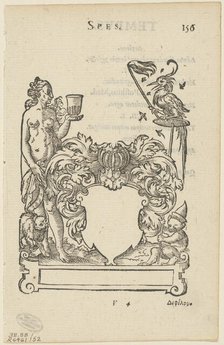 Emblem with Blank Heraldic Shield, folio 156 from the Anthologia Gnomonica, 1579,...1937. Creators: Jost Ammon, Max Geisberg, Sigmund Feyerabend, Henri Estienne.
