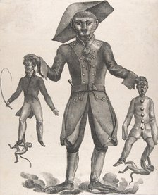 A Giant Monkey in Uniform Holding up Pierrot and a Man with a Whip, after 1825. Creator: Anon.