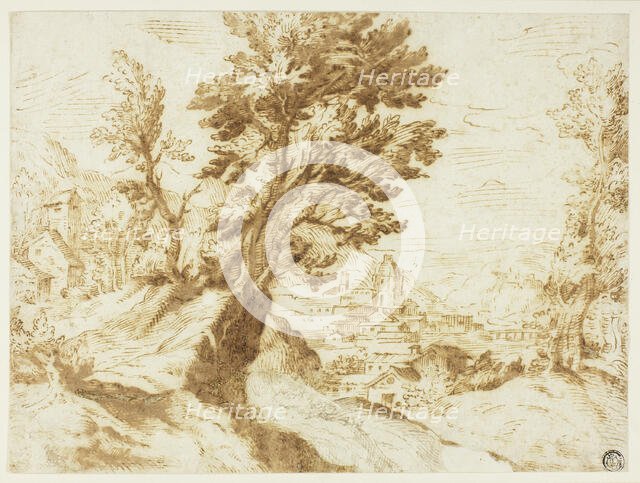 Hilly Landscape with Town in Distance, n.d. Creator: Unknown.