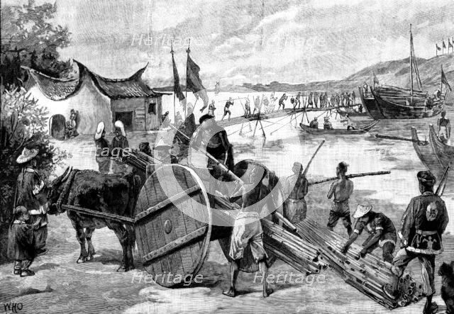 "Black Flags'' in Formosa: constructing a...bridge across the Lagoon, by which to retreat..., 1895. Creator: P Naumann.