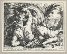 Two Followers of Cadmus devoured by a Dragon. (After Cornelis Cornelisz van Haarlem), 1588. Creator: Goltzius, Hendrick (1558-1617).
