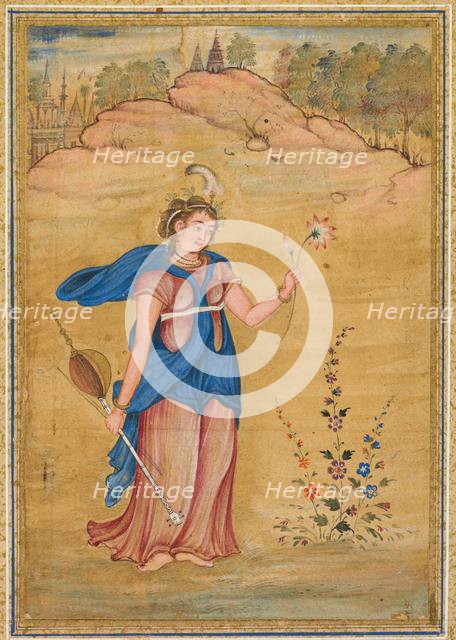 A female figure standing in a landscape holding a four-stringed "khuuchir" and a lotus, c. 1590. Creator: Unknown.