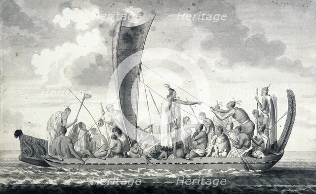 A New Zealand war canoe with sail, 1768-1780.   Creator: Unknown.