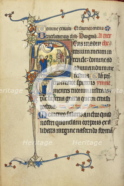 Initial D: The Annunciation to the Shepherds; Initial V: A Man in Prayer; Ruskin Hours, about 1300. Creator: Unknown.
