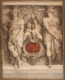 Two Caryatid Figures Framing A Cartouche With Two Cupids (Deux Figures De Cariatides..., late 1770s. Creator: Giuseppe Cades.